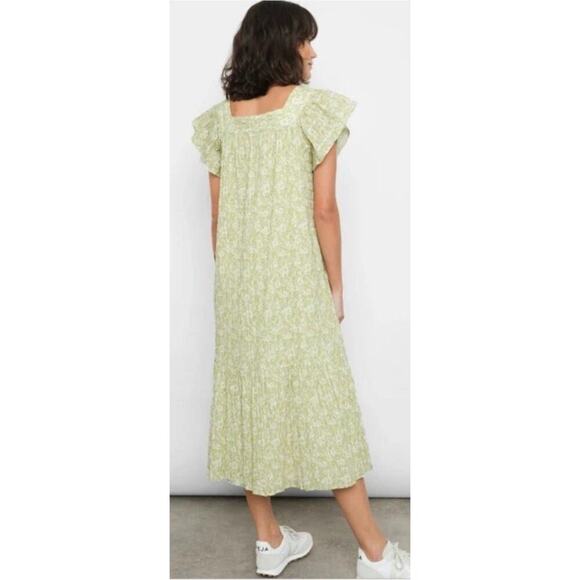 Rails Skylar Posies Dress Green Flutter Sleeve Crepe Stretch XS MIDI Smocked EUC - Picture 2 of 11